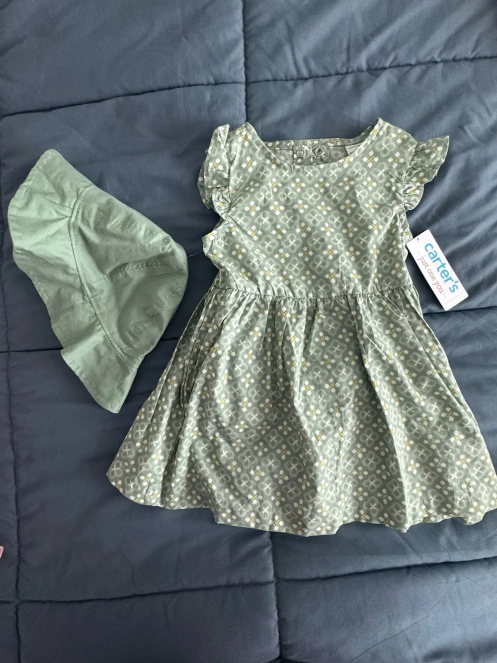 Carter's Olive Green Patterned Dress with Matching Hat